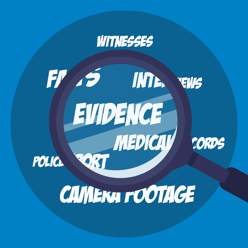 Magnifying glass over some words, highlighting the word evidence