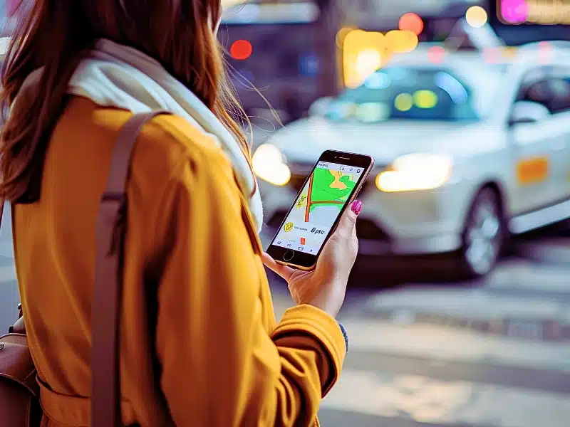 Young woman calling crowdsourced taxi. Uber and Lyft Accidents on The Strip